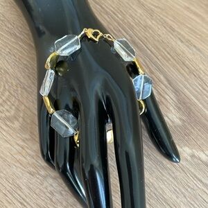 HAND CRAFTED BEADED BRACELET Clear Quartz Hexagons Gold Plated Hammered Coins